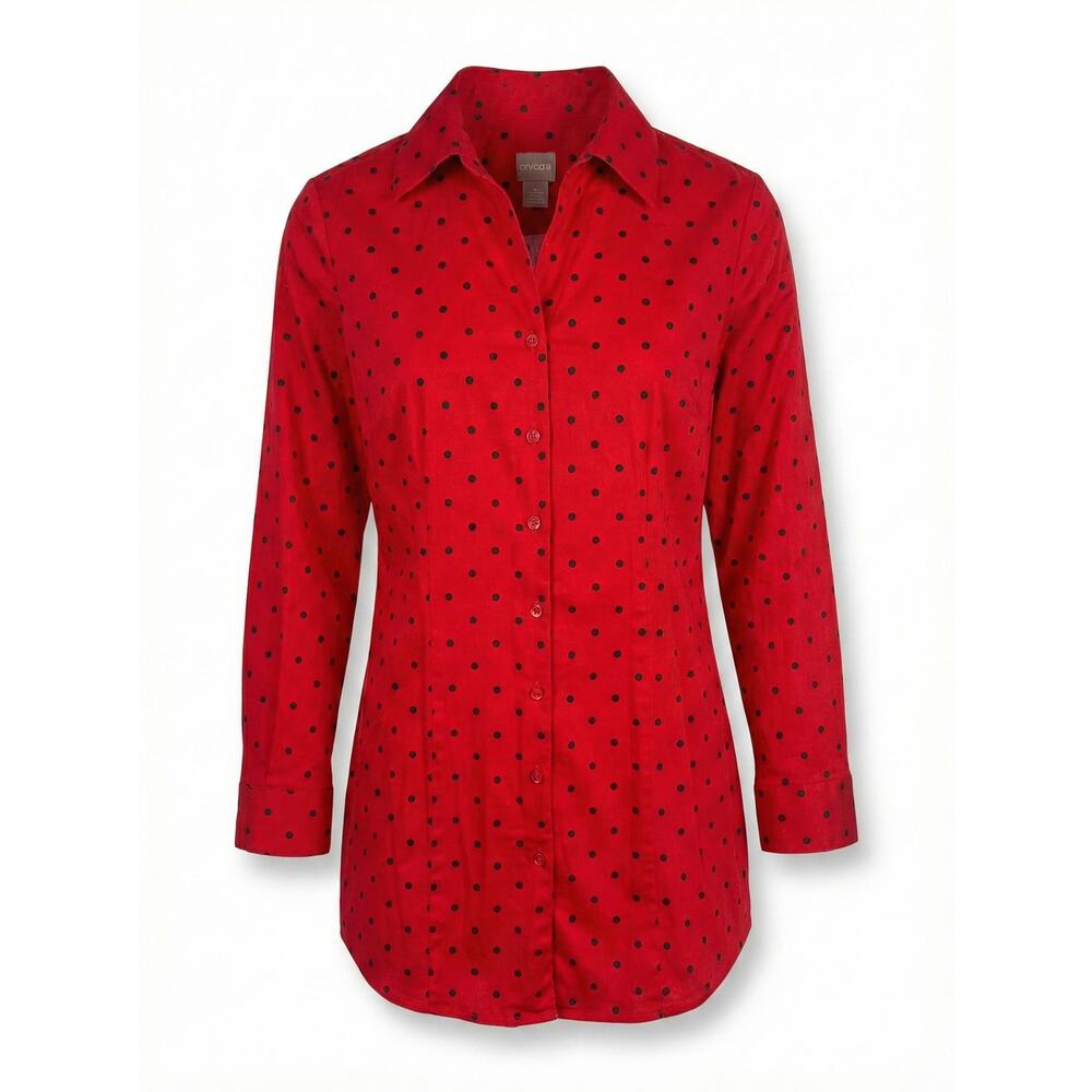 Chico's Women S Career Office Retro Romantic Preppy Polka Dot Button Front Tunic